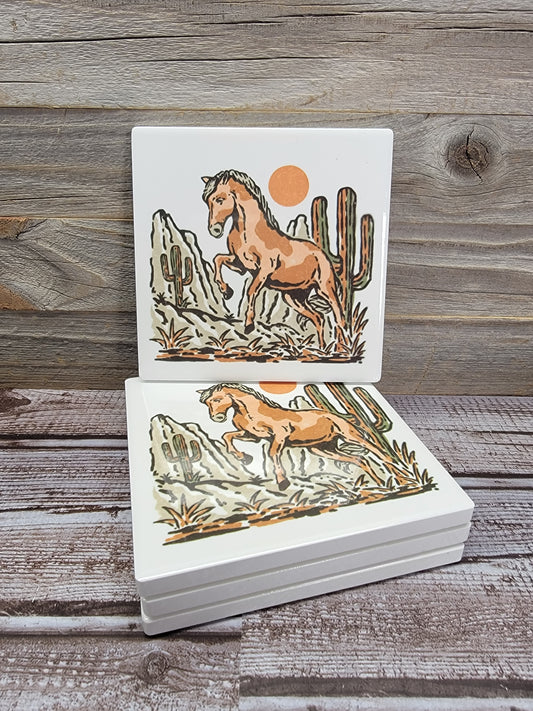 Horse and Cactus Ceramic Coaster set of 4