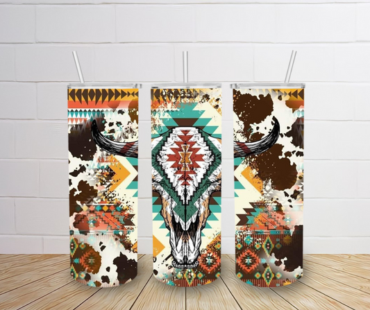 Aztec and Cowhide Skull 20oz Skinny Tumbler With Sublimated Image